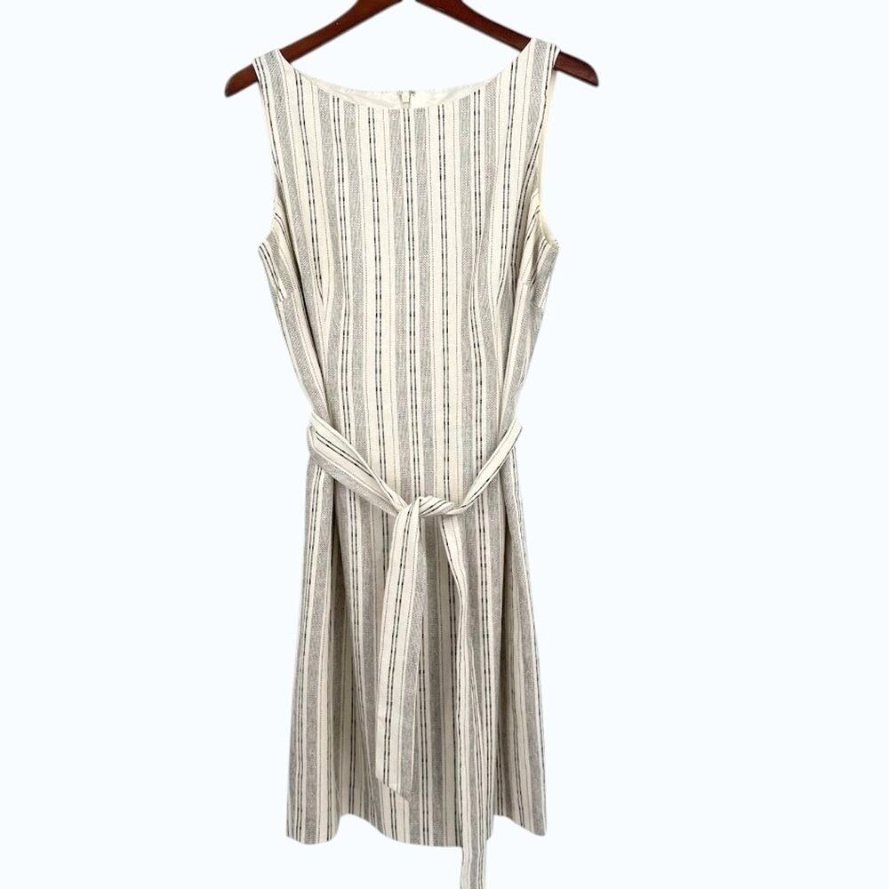 Kasper Striped Sleeveless Dress Womens Size 12 Belted Knee Length Sheath